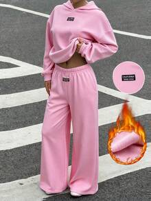 Muchica 女士休闲宽松保暖连帽衫和运动裤套装，粉色，秋冬季，舒适秋冬女装 - 粉色 - 查看 5