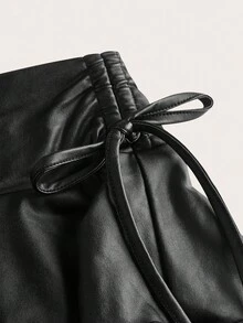 SHEIN MOD 女士休闲抽绳系带双层蛋糕裙，PU材质 - 黑色 - 查看 4