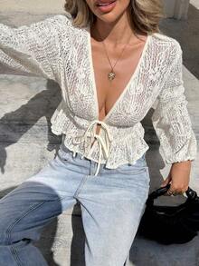 Serisse Áo cánh tay đèn lồng khoét sâu gợi cảm có dây buộc phía trước họa tiết hoa cho nữ - Màu be - Xem 3