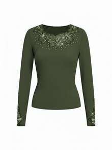 SHEIN Clasi 女式优雅罗纹修身T恤，领口和袖口饰有蕾丝花边 - 軍綠色 - 查看 8