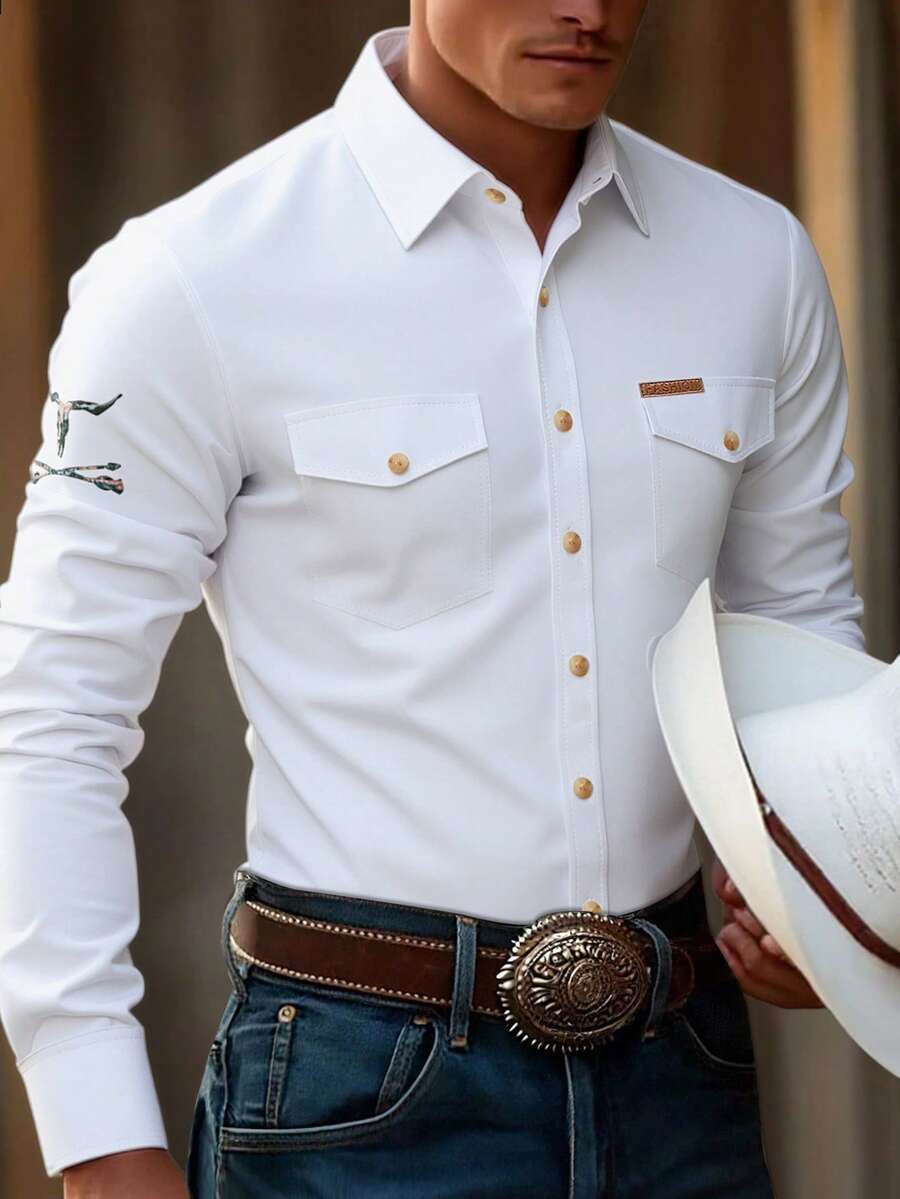 Manfinity Nomadique Men's Western Cowboy Style Casual Long Sleeve Shirt White And Gold Dress Shirt Men Flannel Men White Long Sleeve Shirt Rodeo Shirt Men - White - View 1