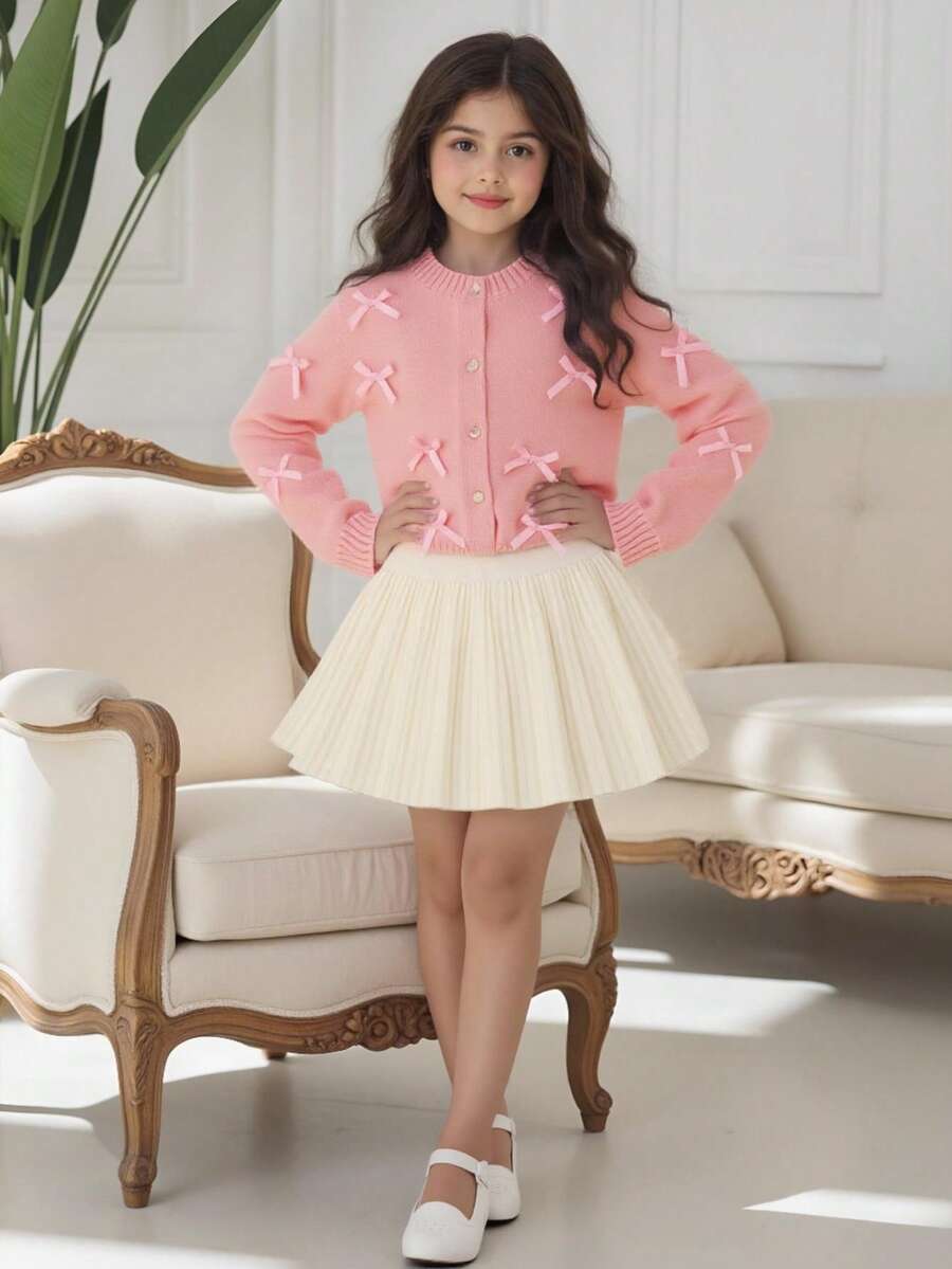 2pcs/Set Tween Girl Winter Outfit: Elegant Bow Knitted Sweater And Pleated Knit Skirt Set