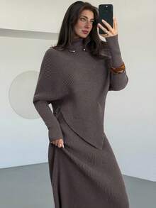 Aloruh 紫色针织两件套 新款冬季加厚女式毛衣裙宽松两件套 - 咖啡棕 - 查看 7