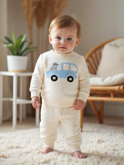 SHEIN Playful Pals 2pcs Baby Boys/Girls Sweater Set - Knitted Long Sleeve Pullover Sweater With Patterned Car Cartoon Design + Knitted Long Pants, Comfortable Casual Outfit Suitable For Autumn/Winter, Fashionable & Versatile For Daily Wear, Home, Outdoor, Travel, School