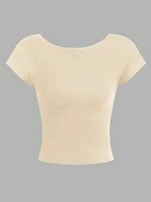 SHEIN Essnce 4 piezas de camisetas de cuello redondo ajustadas de unicolor con contraste, con espalda descubierta y calado, adecuadas para primavera/verano