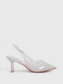 CUCCOO SZL 尖头舒适时尚珍珠和水钻装饰露背细高跟性感派对银色高跟鞋 - 銀色 - 查看 3