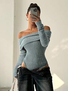 FavEase Autumn/Winter Thick Off Shoulder Turtleneck Long Sleeve Bodysuit - Blue - View 3