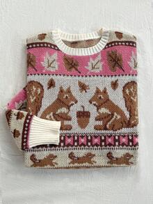 Franclia 新款叶子和松鼠图案圆领长袖套头毛衣 - 玫紅色 - 查看 3