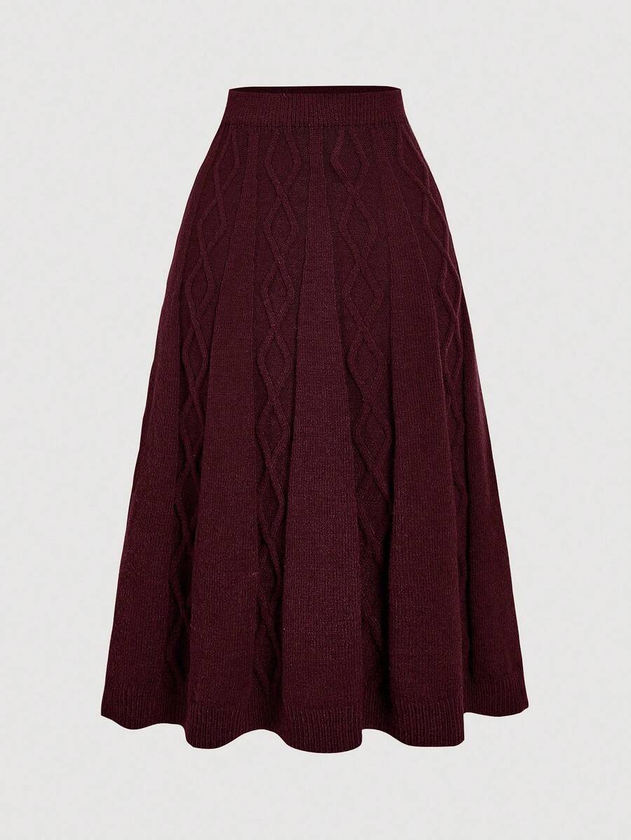 SHEIN MOD High Waist Cable Knit Wine Red Skirt, Versatile For Autumn/Winter, Maroon Long Skirt - Burgundy - View 1