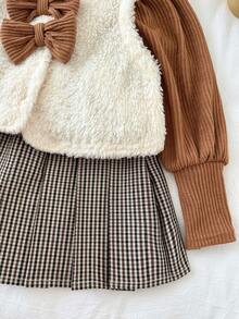 LMoss Kids LMoss 3-Piece Baby Girl Set,Solid Fleece Vest,T-Shirt & Brown Plaid Woven Skirt,Cute Autumn Matching Family Vintage Style Outfit,Cozy Winter Clothes - Multicolor - View 6