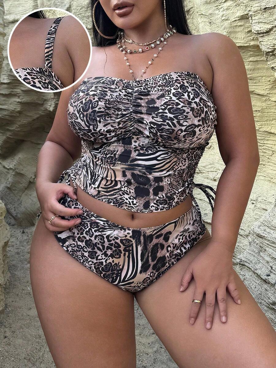 Slaydiva 加大码分体泳衣两件套，简约休闲夏季女式沙滩装，随机印花 - 彩色 - 查看 1