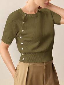 BizChic Áo len nữ cổ tròn một hàng khuy họa tiết kim cương bất đối xứng màu xám-xanh lá cây mới thu/đông 2025, thiết kế trang trí, thời trang & thanh lịch, phù hợp cho công sở, thường ngày, văn phòng, tiệc tùng, bãi biển, đám cưới, ngày l, thứ sáu đen tối - xanh quân đội - Xem 1