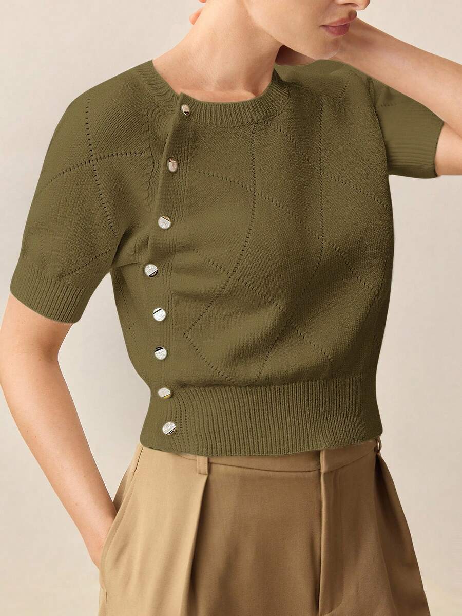 BizChic Áo len nữ cổ tròn một hàng khuy họa tiết kim cương bất đối xứng màu xám-xanh lá cây mới thu/đông 2025, thiết kế trang trí, thời trang & thanh lịch, phù hợp cho công sở, thường ngày, văn phòng, tiệc tùng, bãi biển, đám cưới, ngày l, thứ sáu đen tối - xanh quân đội - Xem 1