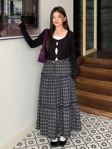 Dazy Plus 加大码 A 字格子裙，松紧腰，女士休闲长裙，春秋季