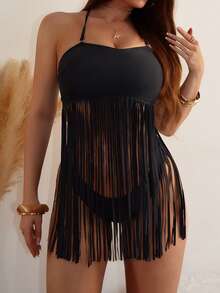 SHEIN Swim 2pcs/Set Women Solid Color Fringed Hem Halter Top & Bottom Tankini Swimwear Set, For Travel, Vacation, Swimming Pool,Summer Beach - Black - View 1