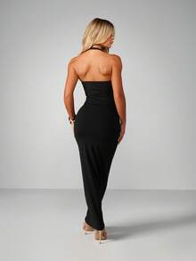 MISSGUIDED 露背中长连衣裙，修身甜心领口，晚宴派对正式场合，无袖修身款 - 黑色 - 查看 2