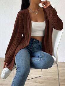 SHEIN Essnce 秋冬落肩开襟大衣 - 咖啡棕 - 查看 1