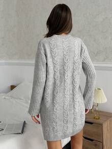 CasuGlow Women Solid Color Cable Knit Pattern Rib Knit Round Neck Drop Shoulder Mini Sweater Dress Cable Knit Sweater Dress With Long Sleeves And Ribbed Hem For Cozy Winter Casual Looks - Light Grey - View 5
