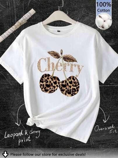 Tseoso 100% 纯棉超大休闲简约复古豹纹和樱桃图案圆领短袖 T 恤，经典、Y2K、复古、街头服饰、嘻哈，适合夏季外出、返校、派对、毕业典礼