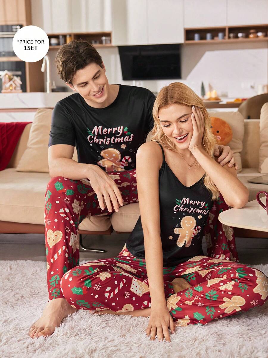 CoupledUp 圣诞姜饼人和圣诞树拐杖糖印花圆领长袖情侣睡衣套装 情侣配套睡衣套装 男士睡衣套装 - 彩色 - 查看 1