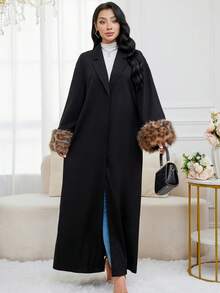 Al Najma 保守袖口女士长款开襟阿巴雅长袍，女士长款外套，迪拜奢华长款外套，女士秋季服装，女士冬季外套 - 黑色 - 查看 5