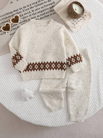 2 件男婴简约提花针织毛衣套装，婴儿圆领套头衫 + 裤子套装，适合日常穿着、居家和旅行