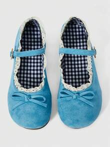 ROMWE Kawaii 女士蓝色玛丽珍鞋、包头乐福鞋、蝴蝶结蕾丝洛丽塔芭蕾平底鞋 - 藍色 - 查看 1