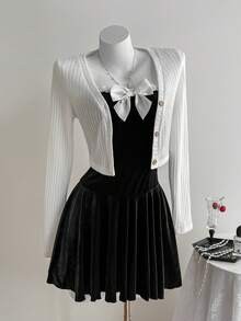 Elamini Bộ đồ hai mảnh váy ngắn chữ A hở lưng phối ren nơ nhung đen kèm áo khoác cardigan dệt kim ngắn hai mảnh, thời trang thu đông cho nữ, phong cách tối giản, đa năng, thanh lịch, cổ điển, trang phục thường ngày cho tiệc tùng - màu đen - Xem 5