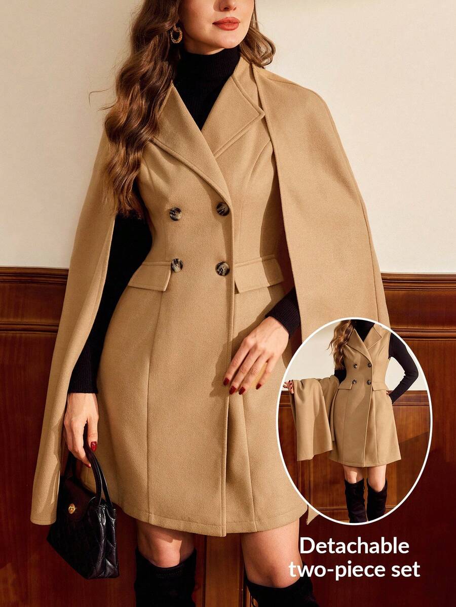 Vintamour Conjunto vintage elegante de 2 piezas con bolsillos, blazer de mezcla de lana y vestido de tirantes, vestido cruzado con solapa y capa, apto para uso casual, laboral u ocasiones festivas en otoño, ropa de otoño, atuendos de otoño para mujer, ropa de invierno para mujer, conjunto de Navidad para mujer, ropa de mujer elegante, vestidos elegantes para mujer, conjunto de mujer para invierno, abrigo de invierno para mujer, vestido de invierno para mujer, chaqueta de invierno para mujer, conjunto de invierno, vestidos de otoño para mujer - Caqui - Ver 1