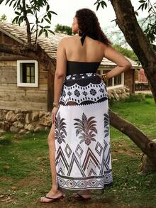 Swim Oasis Plus Size Black Summer Deep V-Neck Gold Sun Decor Halter One-Piece Swimsuit & Tropical Plant Mesh Maxi Skirt Set, Elegant Beach Holiday Vacation - Black and White - View 2