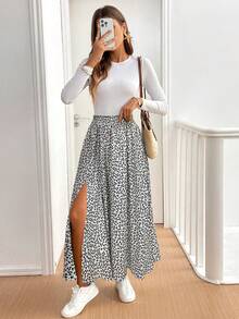 SHEIN Tall CURVE 大码简约印花开衩下摆半身裙 - 杏色 - 查看 4