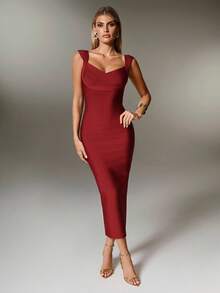 Nuvra Women's Fitted Waist Ribbed Knit Burgundy Midi Bodycon Party Dress