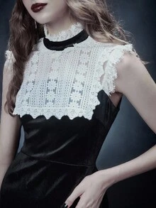 Glisette Solid Color Velvet Midi Dress With High Collar, Lace Trim, Suitable For Daily Wear And Travel - Black - View 5