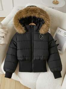 SHEIN Explorewe Manteau rembourré épais à capuche décontracté pour filles, col en fourrure marron, logo brodé sur la poitrine, poignets et ourlet côtelés, poches en biais, convient pour le shopping, la promenade, l'école, les déplacements, les voyages, peut être associé à des pulls, manches longues, pantalons