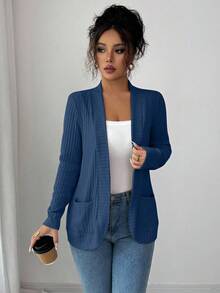 SHEIN PETITE Veste légère décontractée pour femmes, à côtes, brossée, à l'avant ouvert, avec poches latérales - Bleu azur - Voir 5