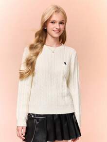 SHEIN 少女休闲街头风百搭返校校园风圆领毛衣 - 白色 - 查看 3