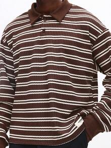 SUMWON 常规版型长袖纹理横条纹针织 Polo 衫尖领休闲日常百搭男装 - 咖啡棕 - 查看 6