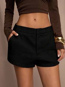 SHEIN BAE 女士纯色口袋阔腿宽松休闲短裤 - 黑色 - 查看 3