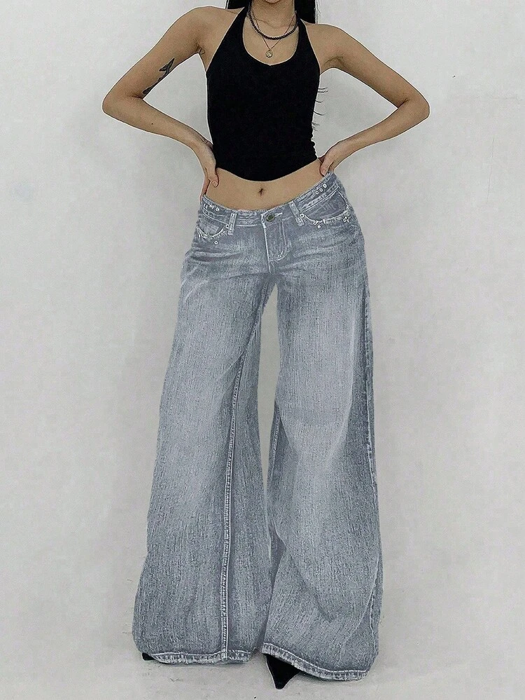Women's Pocket Loose Wide Leg Casual Versatile Jeans