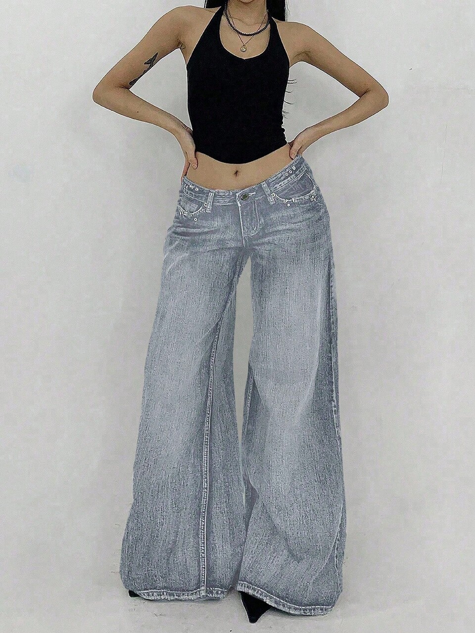 Women's Pocket Loose Wide Leg Casual Street Wear Y2k Versatile Jeans Everyday Aqua Blue Summer