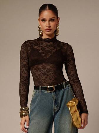 Silquee Damen Bodysuit mit Blumen-Spitze, Stehkragen und langen Ärmeln, sexy