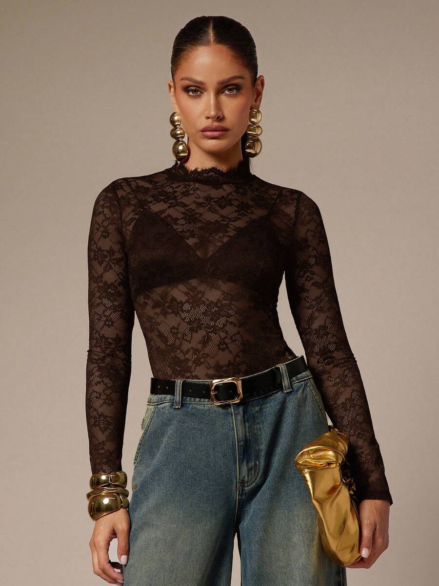 Silquee Women's Floral Lace Stand Collar Long Sleeve Sexy Bodysuit - Coffee Brown - View 1