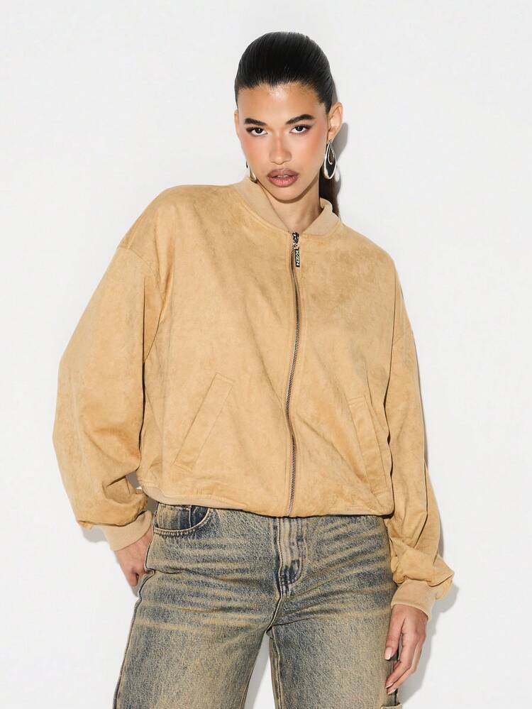 KIZN Oversized Faux Suede Bomber Jacket