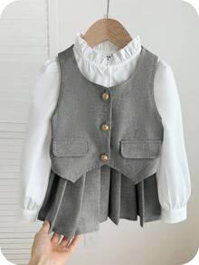 SHEIN 少女优雅金色纽扣背心、荷叶边领衬衫和百褶裙套装，适合秋冬季节、派对和日常穿着。少女校服灰色制服连衣裙，秋冬季少女连衣裙百褶裙套装。 - 灰色 - 查看 5
