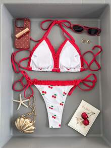 Swim Mod Women's Cute Cherry Print Triangle Cup Halter Tie Sexy Bikini Set