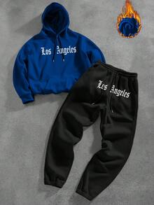 Manfinity LEGND 男士休闲字母印花连帽衫和运动裤两件套，秋冬 - 彩色 - 查看 4