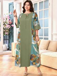 SHEIN Lacomfia 大码女式宽松休闲阿拉伯风格拼接圆领七分袖连衣裙 - 彩色 - 查看 5