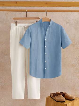 HIMLAND 2件套男士休闲立领V领短袖衬衫套装