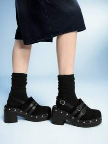 Sugerpunk 女式复古扣高跟凉鞋，时尚休闲粗跟穆勒鞋 - 黑色 - 查看 4