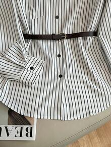 Franclia Women's Elegant Fashionable And Simple Casual Commuting Wear Inner And Outer Wear Black And White Shirt With Striped Fabric And Belt, Women's Elegant Casual New Year's Blouse